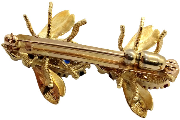 Elegant Vintage Diamond Ruby Sapphire 18K Gold Double Bee Brooch Pin Retro
