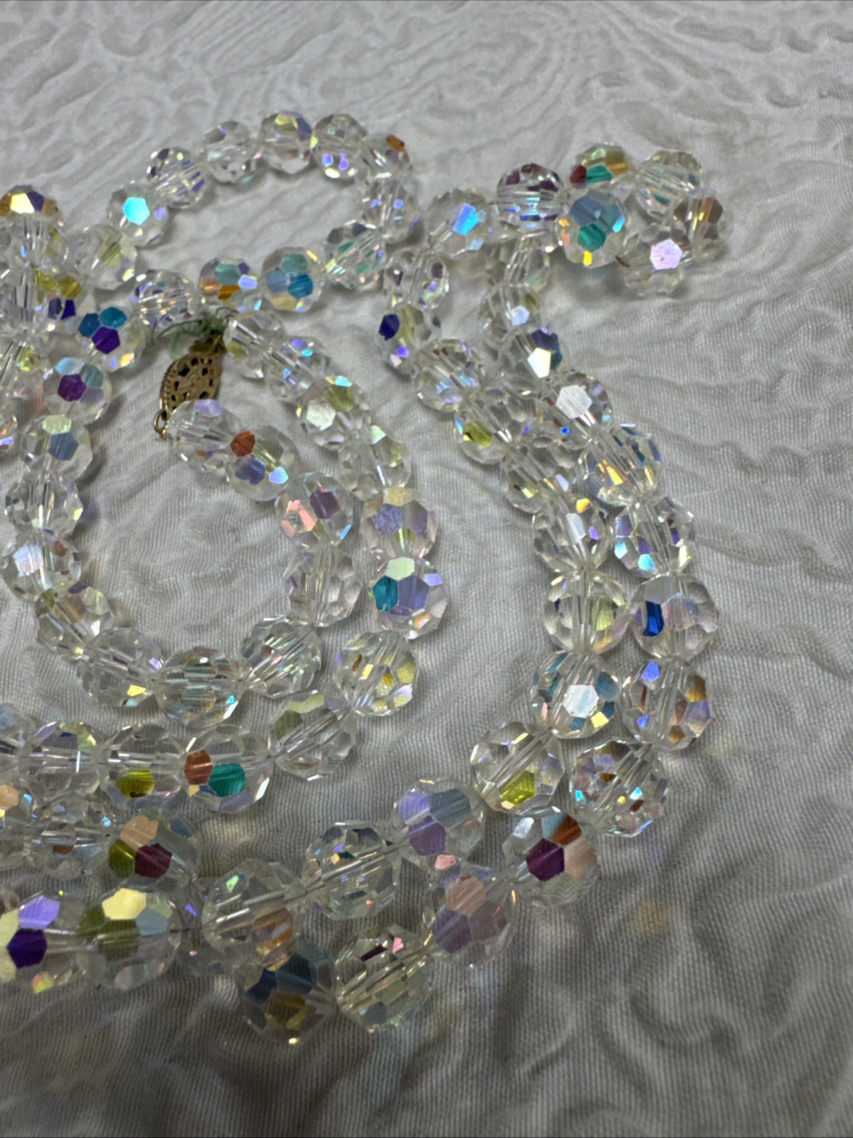 Vintage 1950-60s Czech Faceted Bicone Crystal Aurora Borealis Beaded 36”Necklace