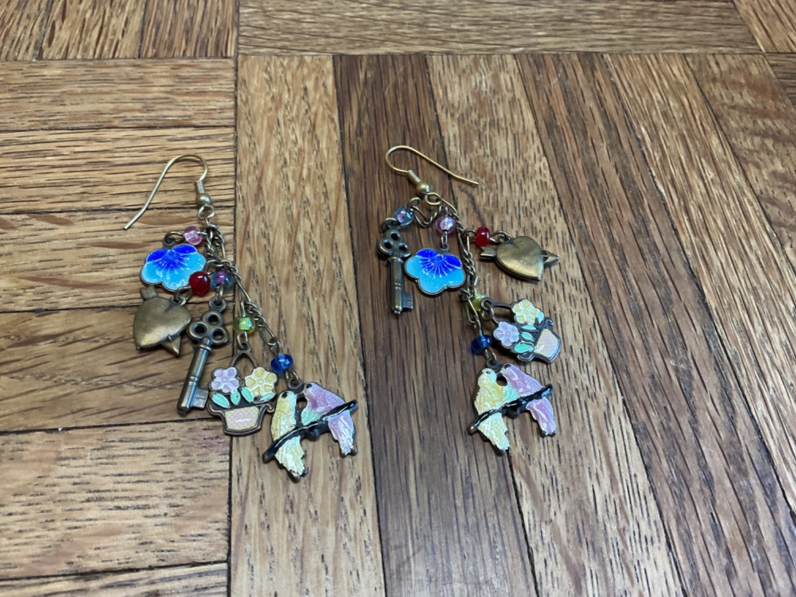 Vintage Glass Works Studio Asymmetrical Charm Earrings Birds Keys Hearts