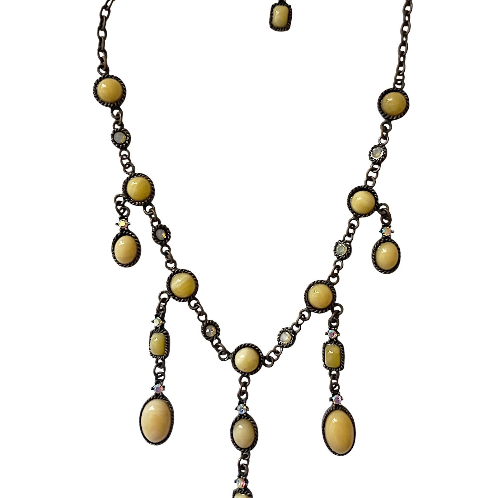 Vtg 90s Chandelier Bib Necklace Statement Egg Yolk Cabochon Art Nouveau Collar