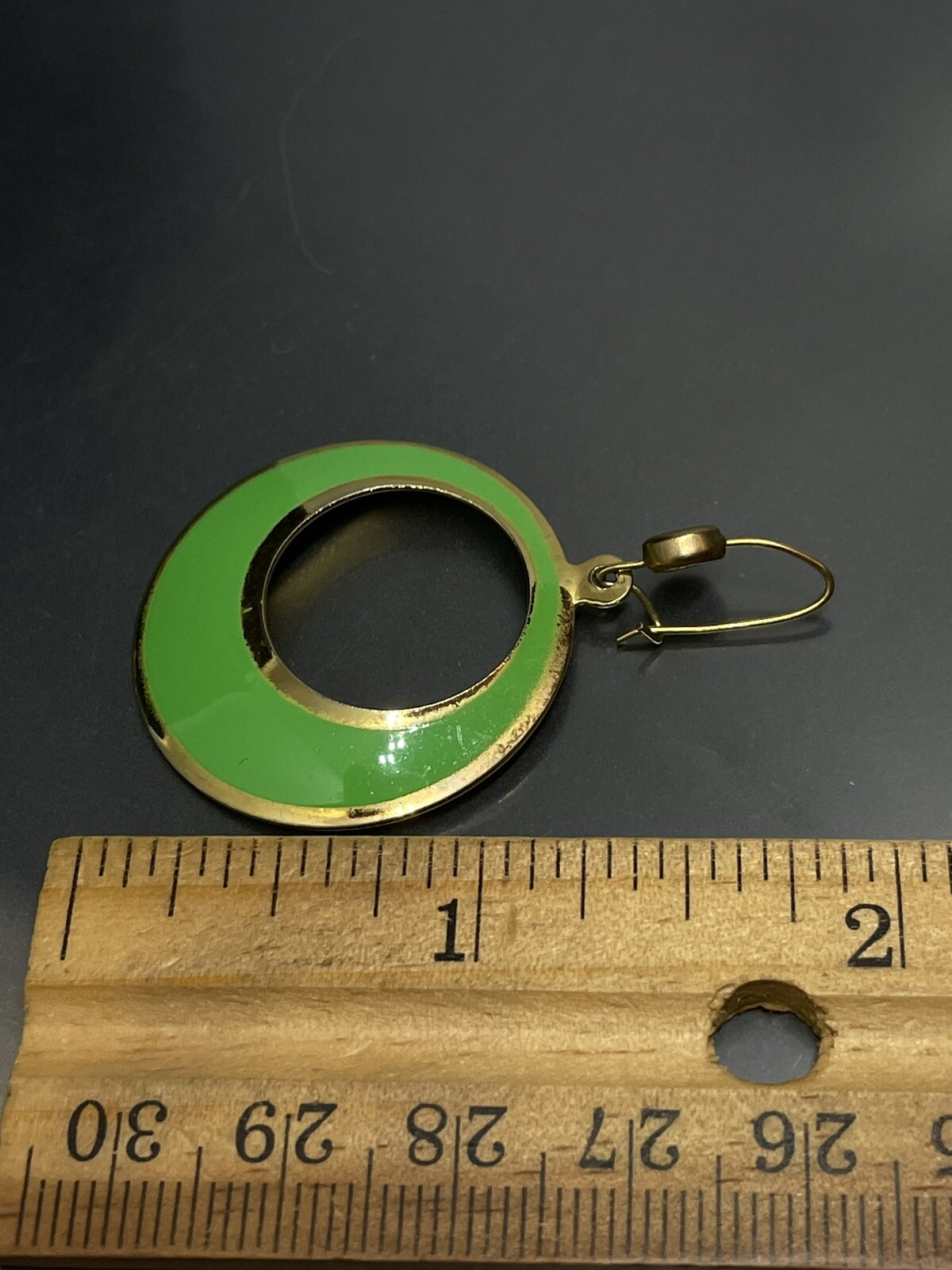 Vintage Gold Tone Green Enamel Hoop Dangle Drop Fishhook 1.8” Retro Earrings
