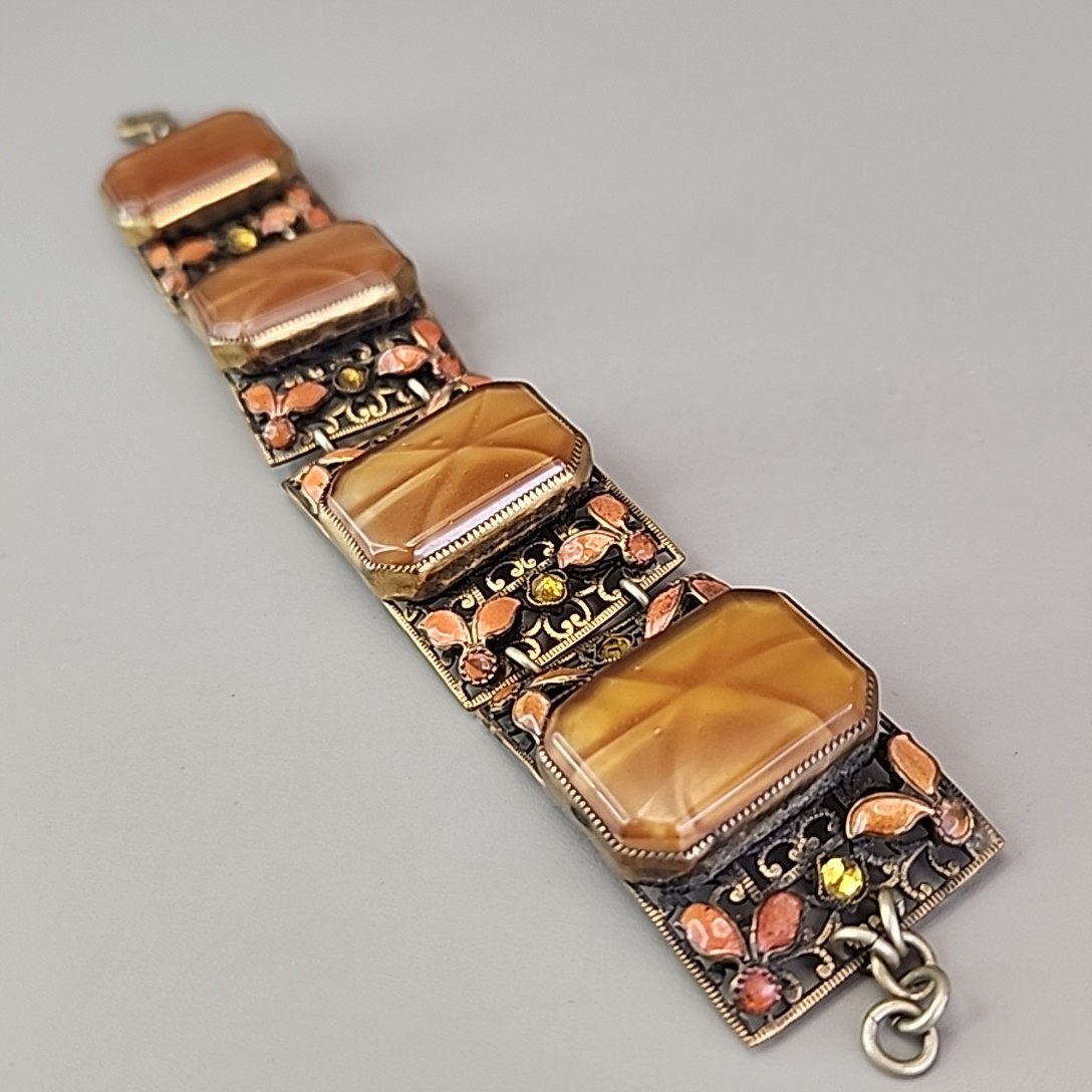 Vintage Panel Bracelet Brown Faux Star Sapphire Peach Enamel Fall Autumn 7.25″