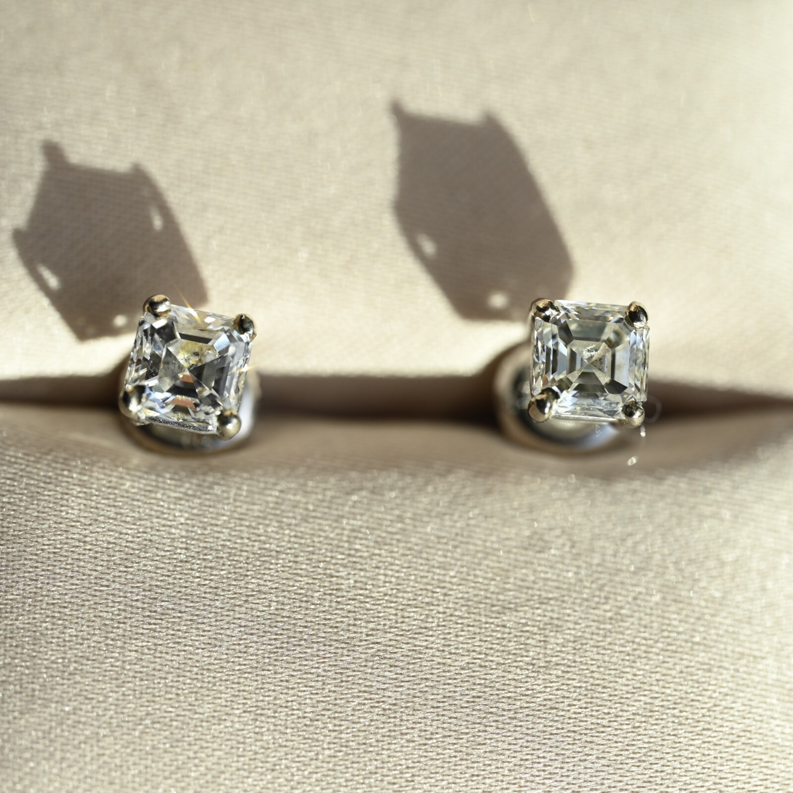 1.52 CTW Diamond Earrings Asscher VS1 E-F Excellent Cut 14k White Screw Stud