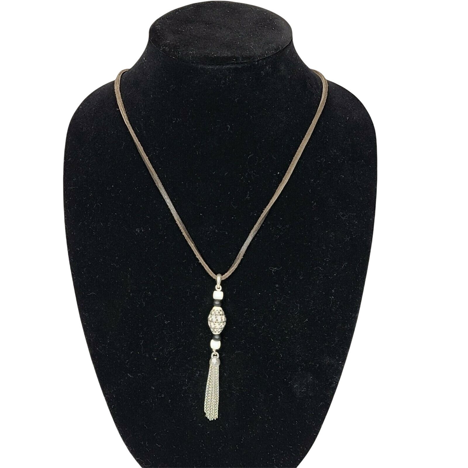 Leather Necklace Rhinestone Spotted Bead Tassel Chain Tassels