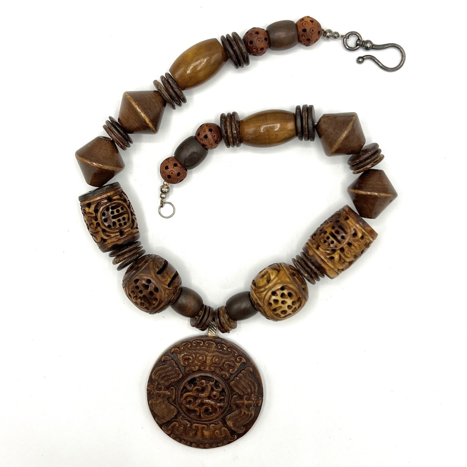 Chunky Vtg Artisan Carved Wood Bead Necklace-Asian Style Ceramic Medal Pendant