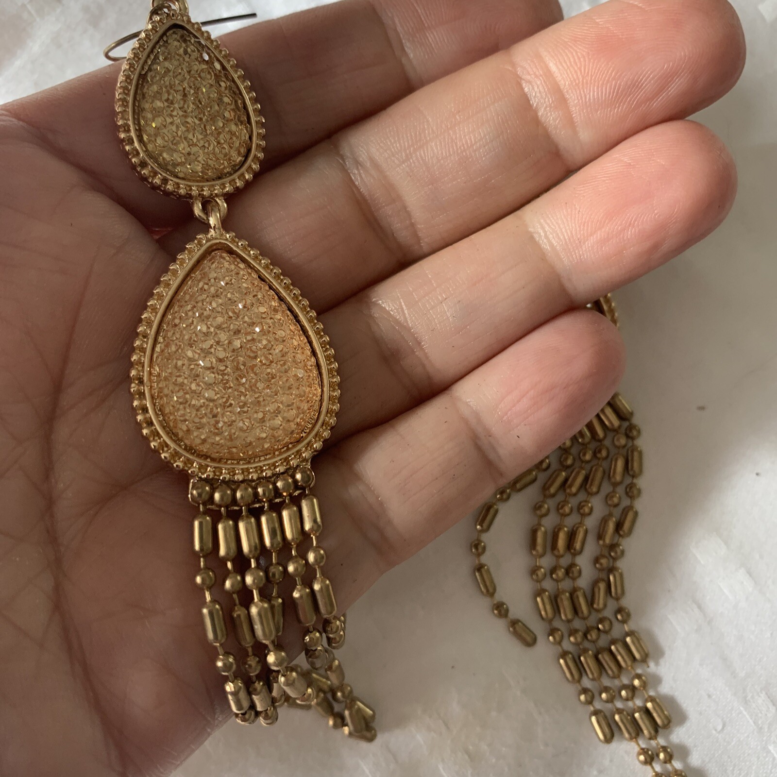 Gold Tone LONG CHANDELIER 4” peach faux topaz TEARDROP PIERCED Earrings
