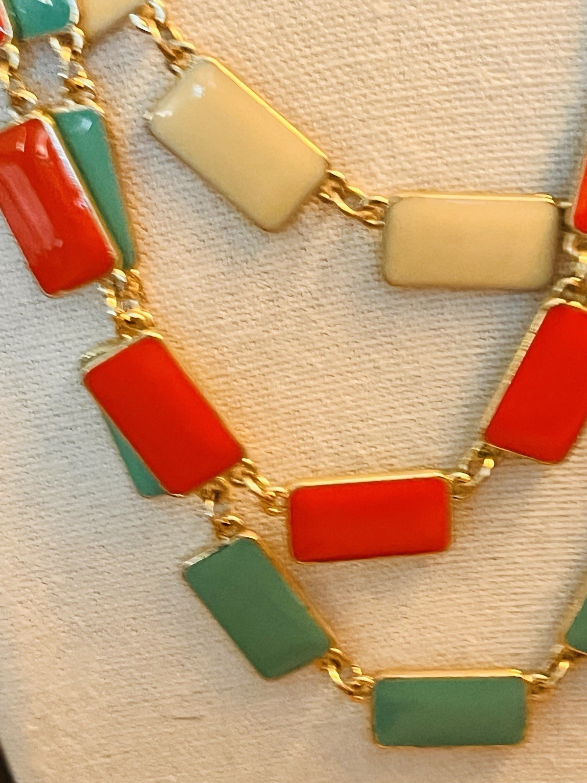 VTG Mod Geometric Enamel Panel Necklace Turquoise Coral Cream Gold Tone