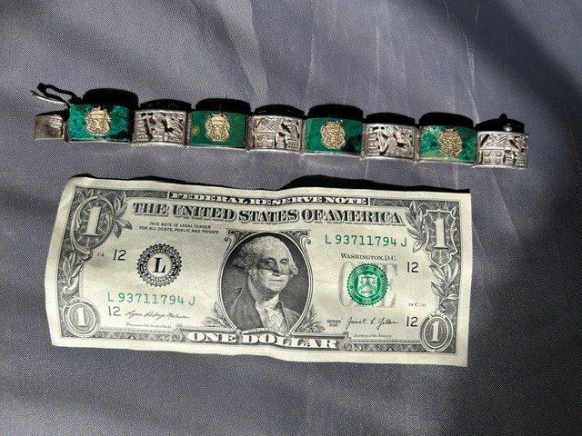 Vintage Bracelet; Sterling Silver, Mexican Jade, Gold, 7.0″, post 1940, Mexico