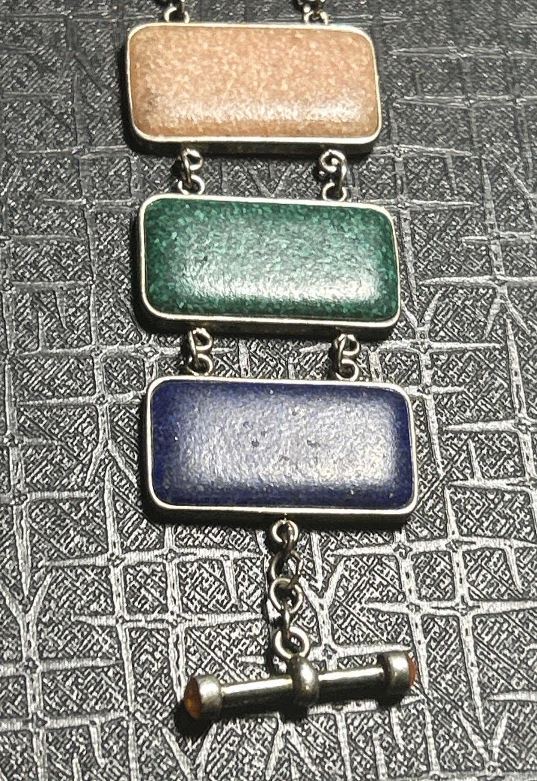 VTG Sterling Silver Multi Natural Crushed Gemstone Panel Bracelet Rectangle 925