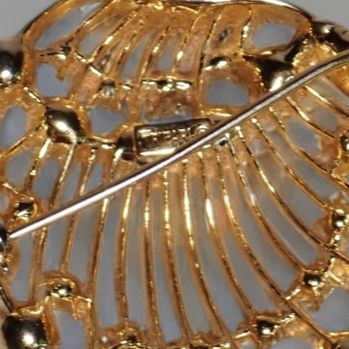 Crown Trifari Brooch with Faux Pearl & Rhinestone Accents Seahell Signed Pin