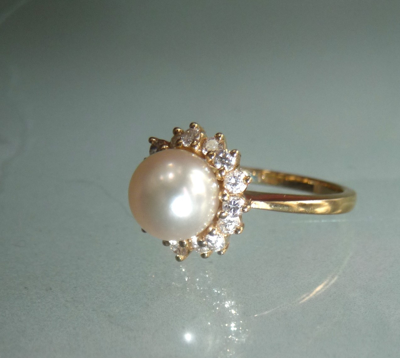 GORGEOUS $2450 MIKIMOTO BLUE LAGOON 14K HALO 16 DIAMONDS PEARL ENGAGEMENT RING!