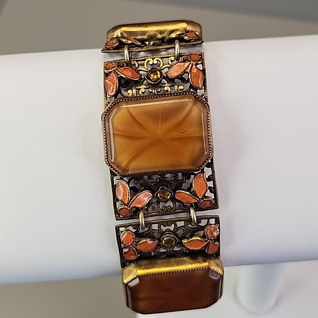 Vintage Panel Bracelet Brown Faux Star Sapphire Peach Enamel Fall Autumn 7.25″