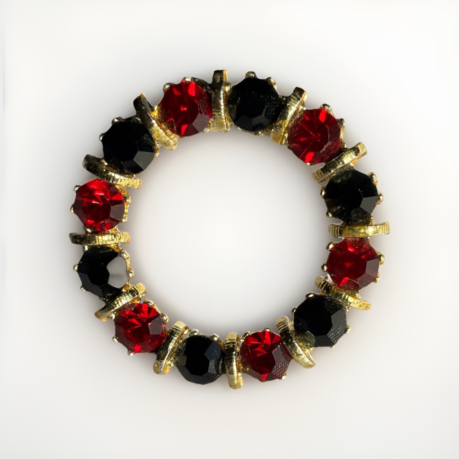 Vtg Austrian Brooch Red & Black Faceted Crystal Stones Sparking Bejeweled 1.25”