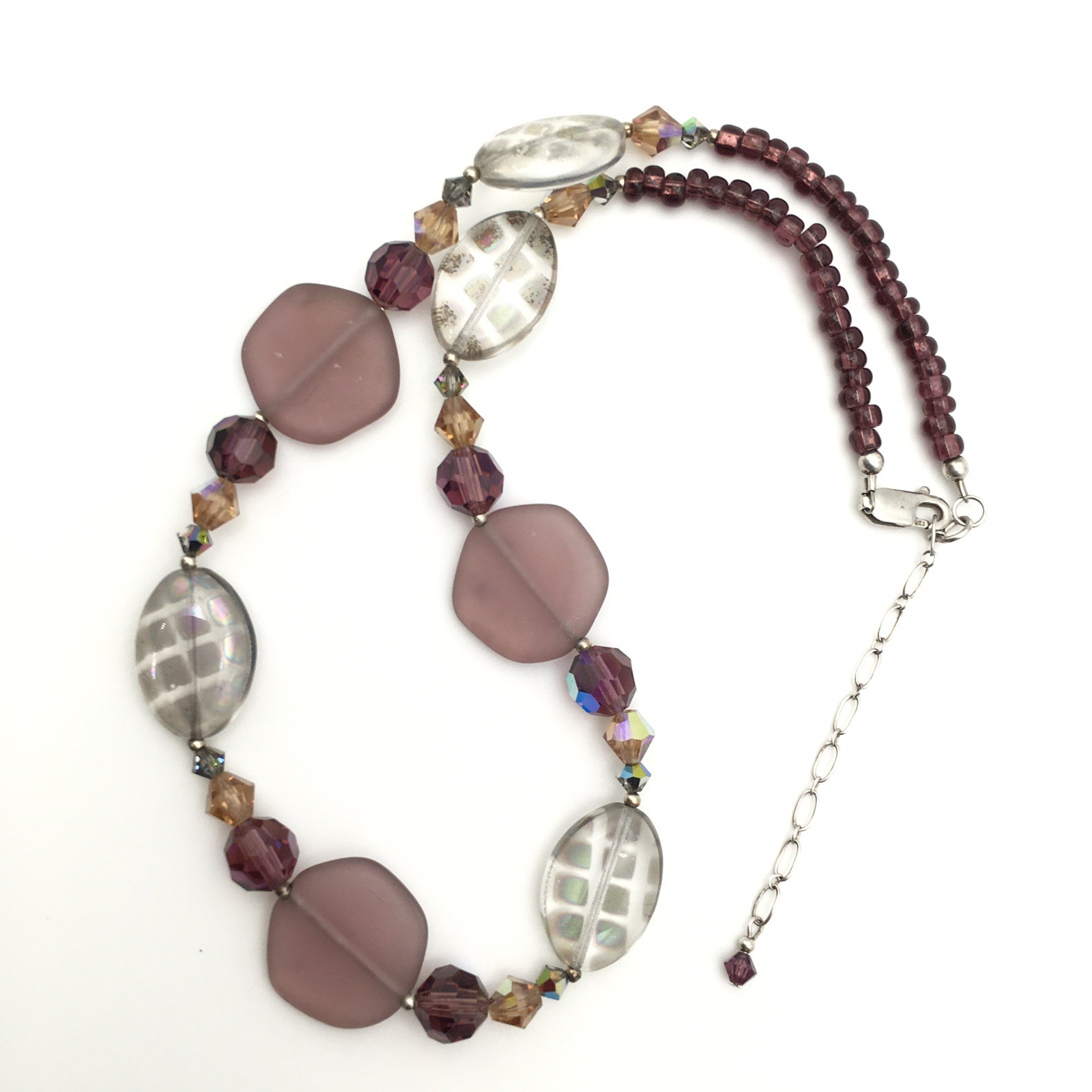 Mauve Frosted Glass Bead & Sterling Silver Necklace 15-17” 925 #23