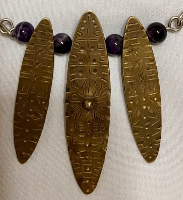 Abstract BRUTALIST Brass Metal AMETHYST BEAD PENDANT & Necklace Chain VINTAGE