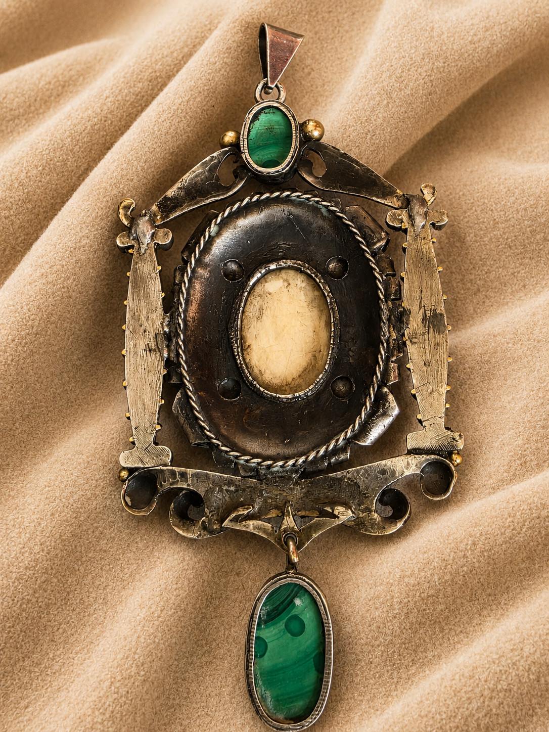 Antique Gold Silver Religious Pendant Virgin Mary Malachite Large Rare