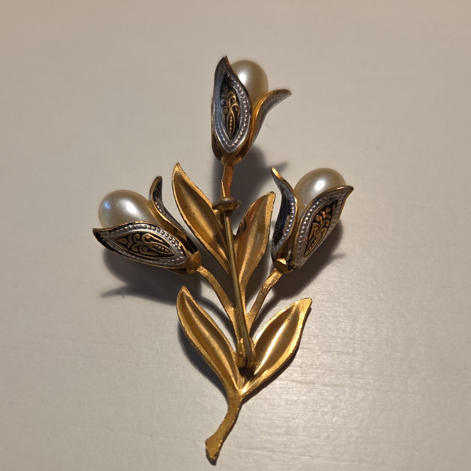 Vintage Gold & Silver Tone Flower Brooch Pin with White Imitation Pearl