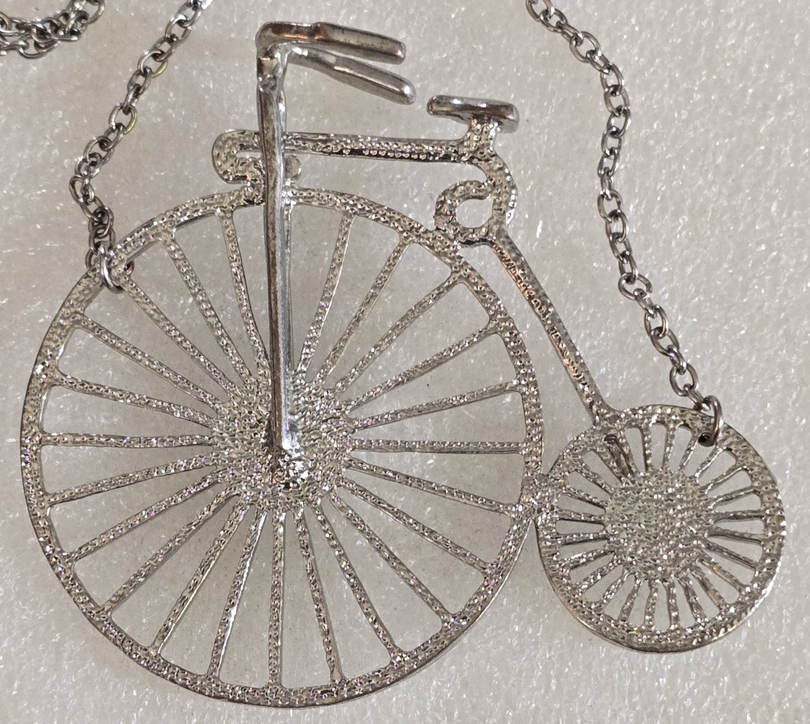 Vintage Old Fashioned Velocipede Bicycle Bike Silver Tone Pendant Necklace