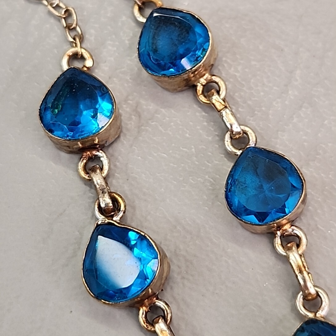 Vintage Glass Bead Necklace Blue Beads Pink Quartz Artisan Silver Tone 18.75″