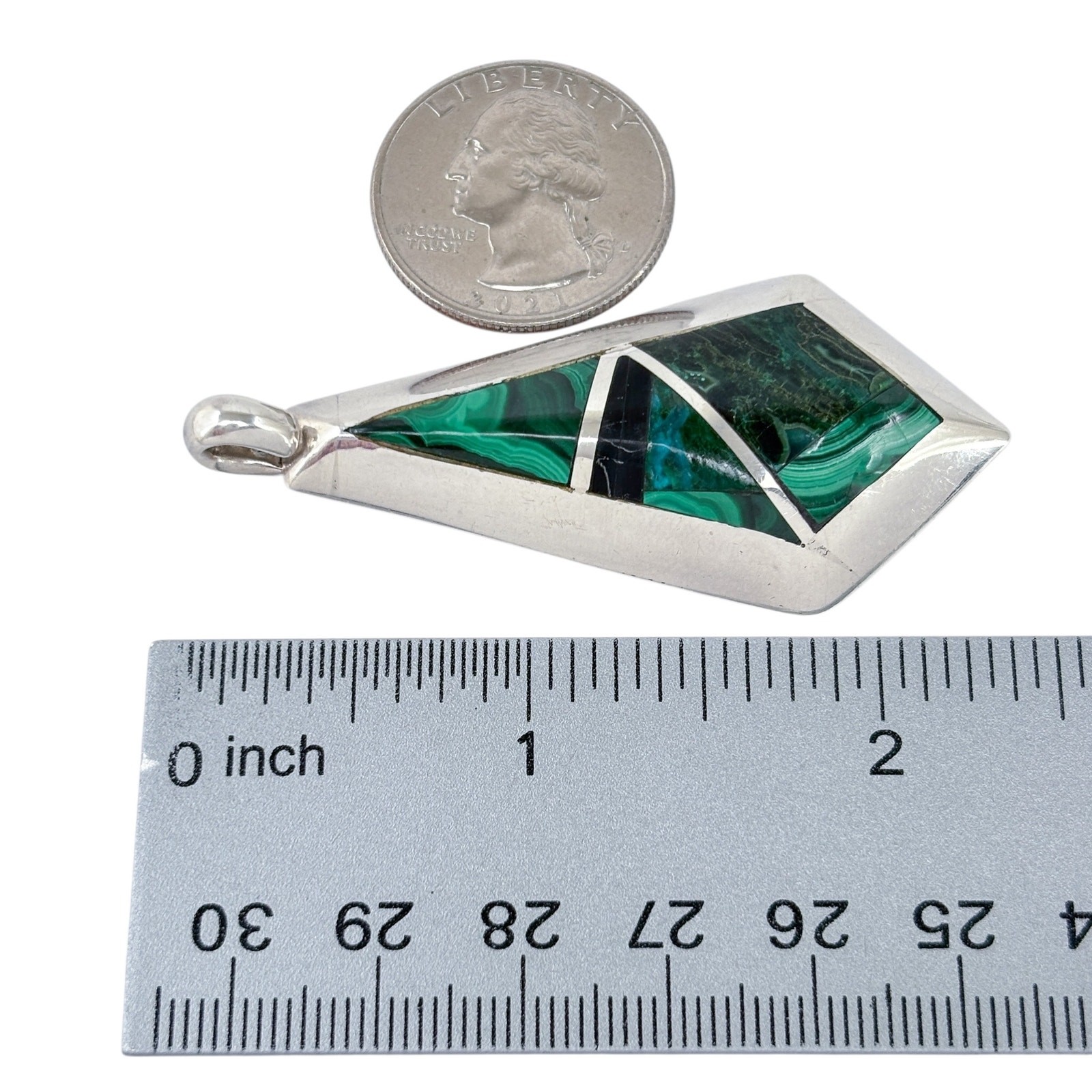 Vintage Buffalo Hallmark Sterling Silver Malachite Inlay Diamond Shape Pendant