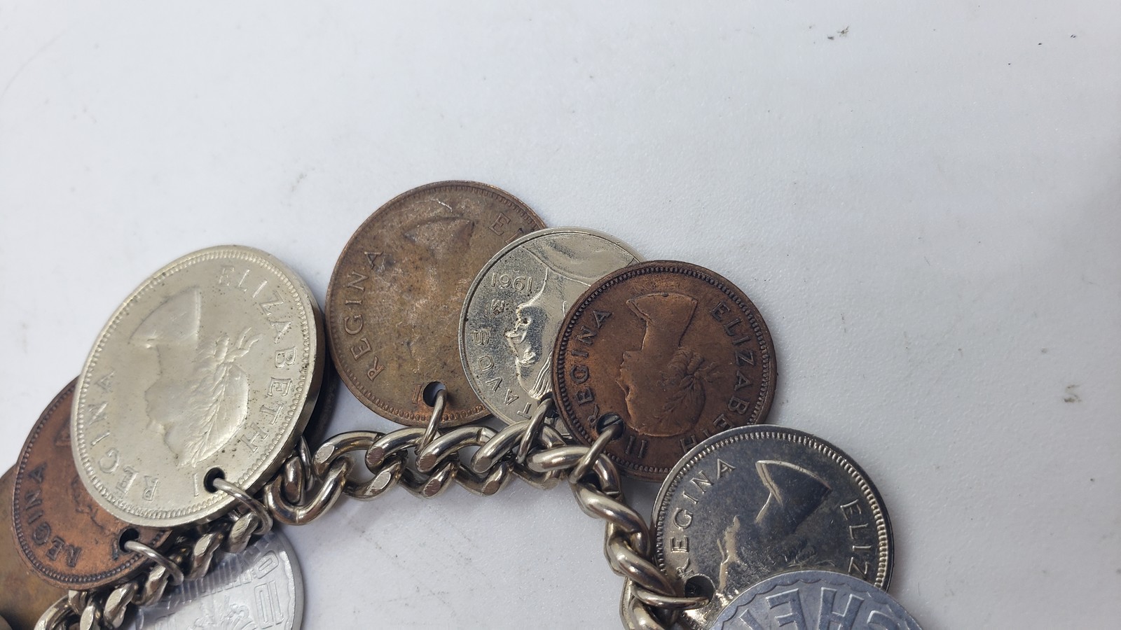 Vintage Coin Charm Bracelet Souvenir Mixed Coins Queen Elizabeth Regina Collect