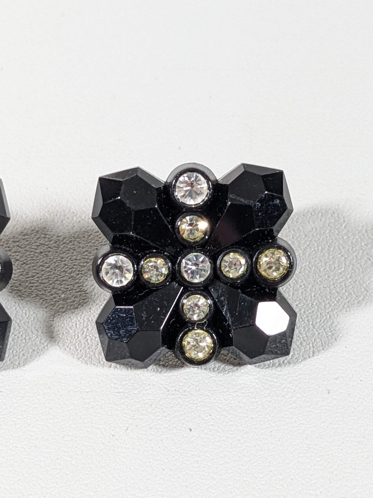 Vintage Black Acrylic Square Crystal Cross Clip On Earrings