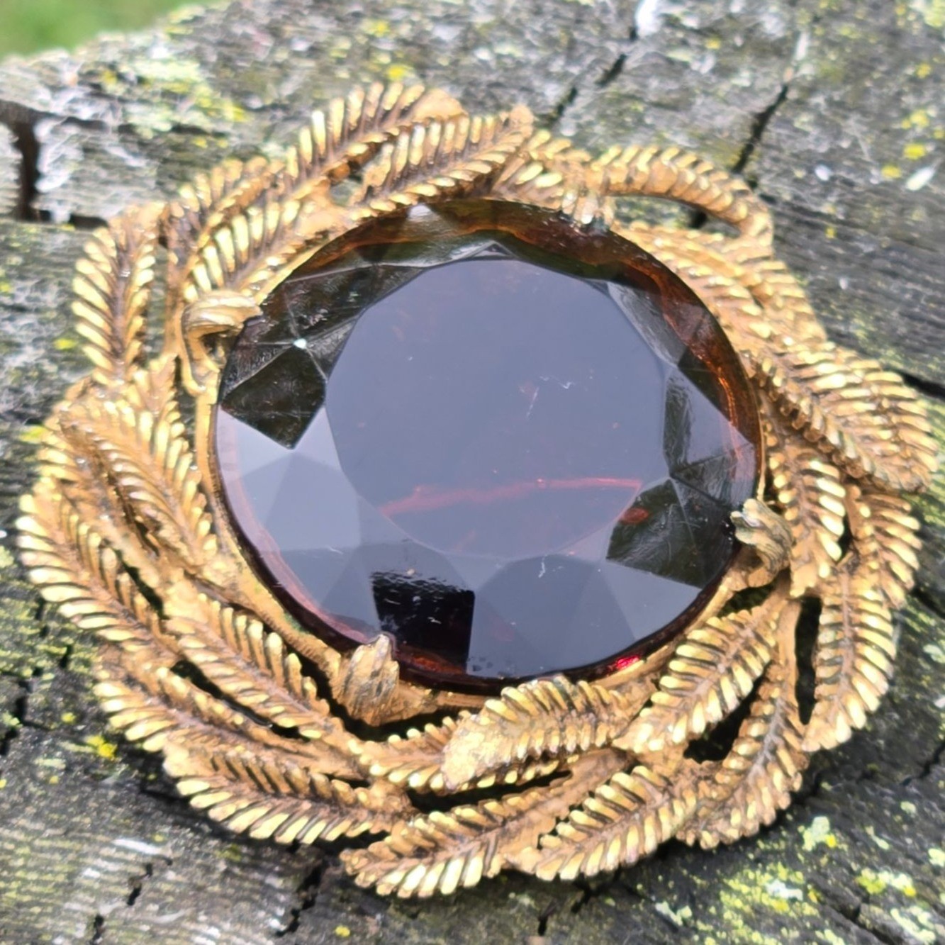 Vintage Amber Glass Brooch Gold Tone Botanical Fern Statement Pin boho Jewelry
