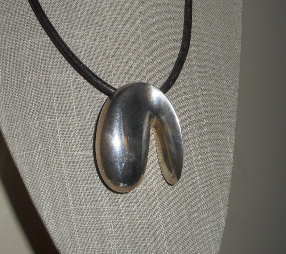 Large Modernist Sterling Organic Abstract Sculptural Pendant on Leather Cord 21″