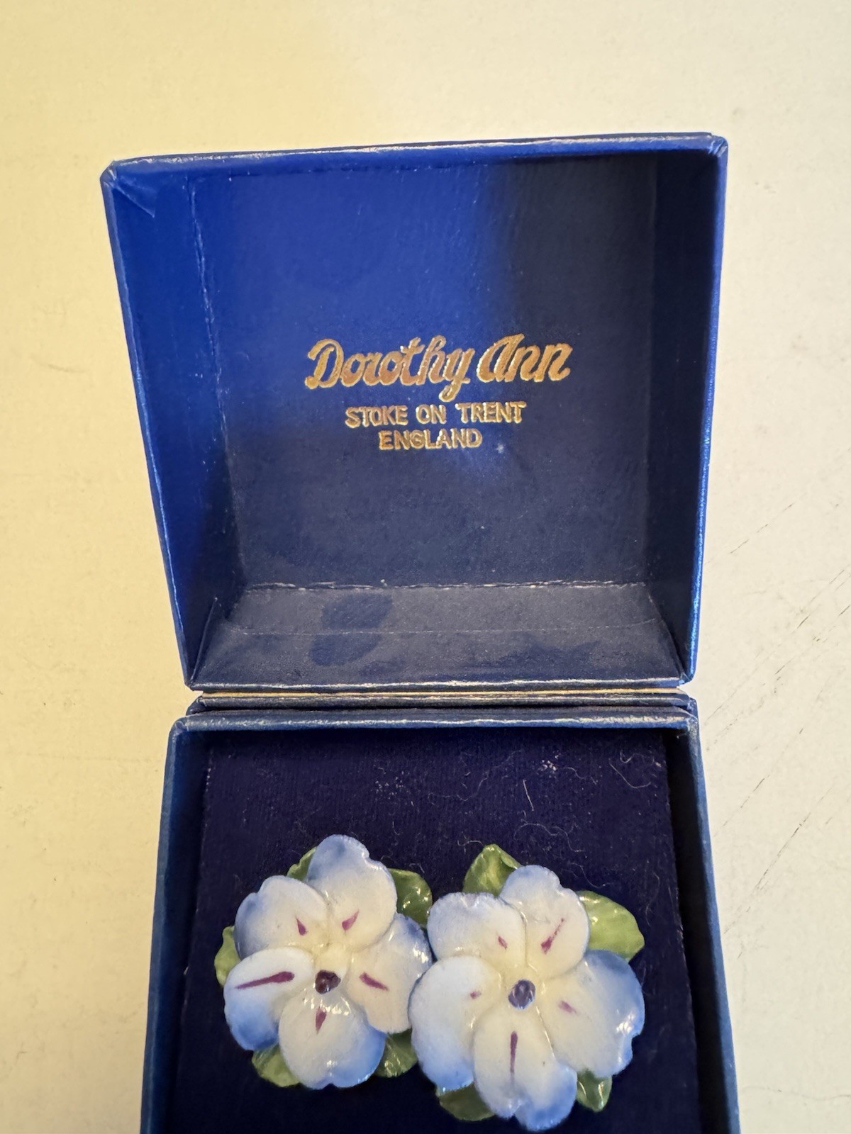 Vintage Dorothy Ann Porcelain Earrings Pansy HandPainted England Box Bone China
