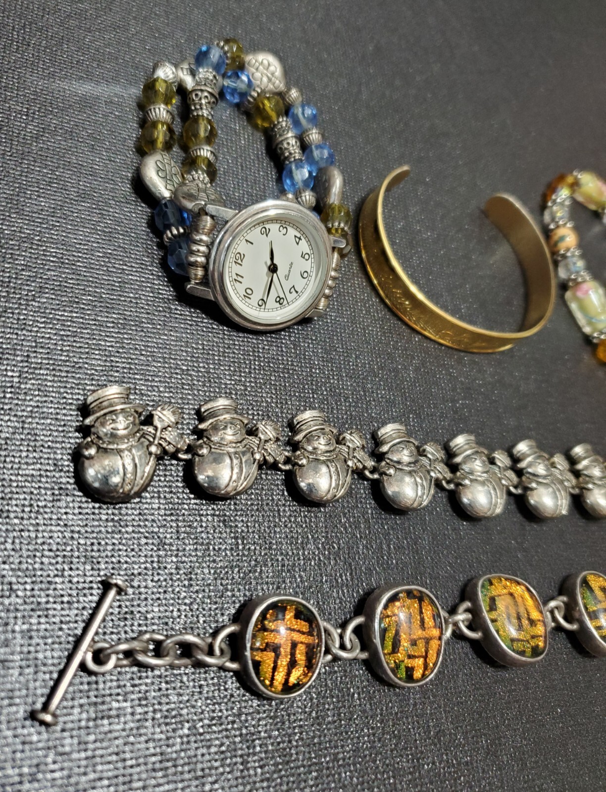 Vintage Bracelet Lot Of 5, Pewter Snowmen, Resin & Metal, Glass Bead Wristwatch