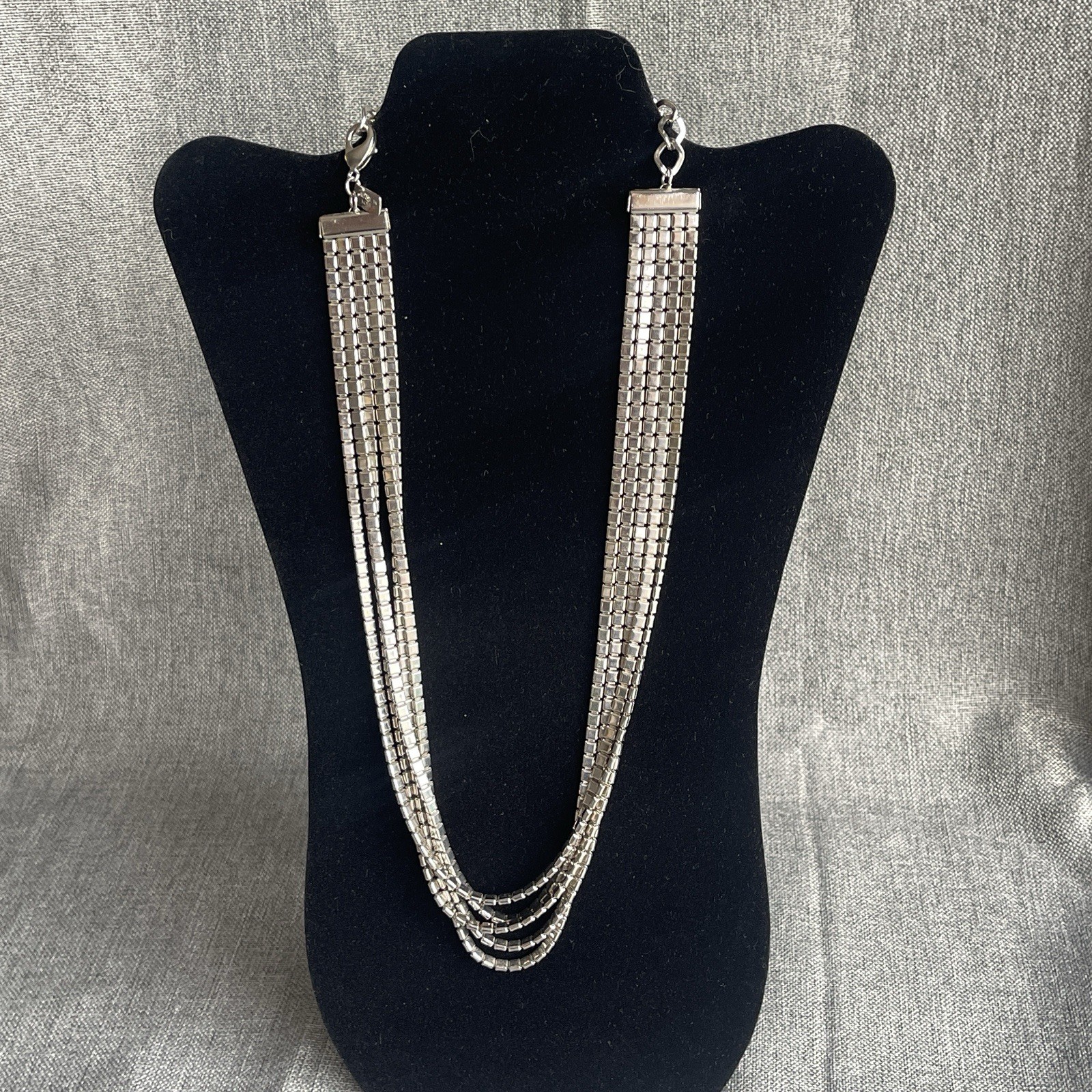 Vintage Silver Tone Metal Drape 5 Strand Necklace MCM Claw Clasp 25” Adjustable