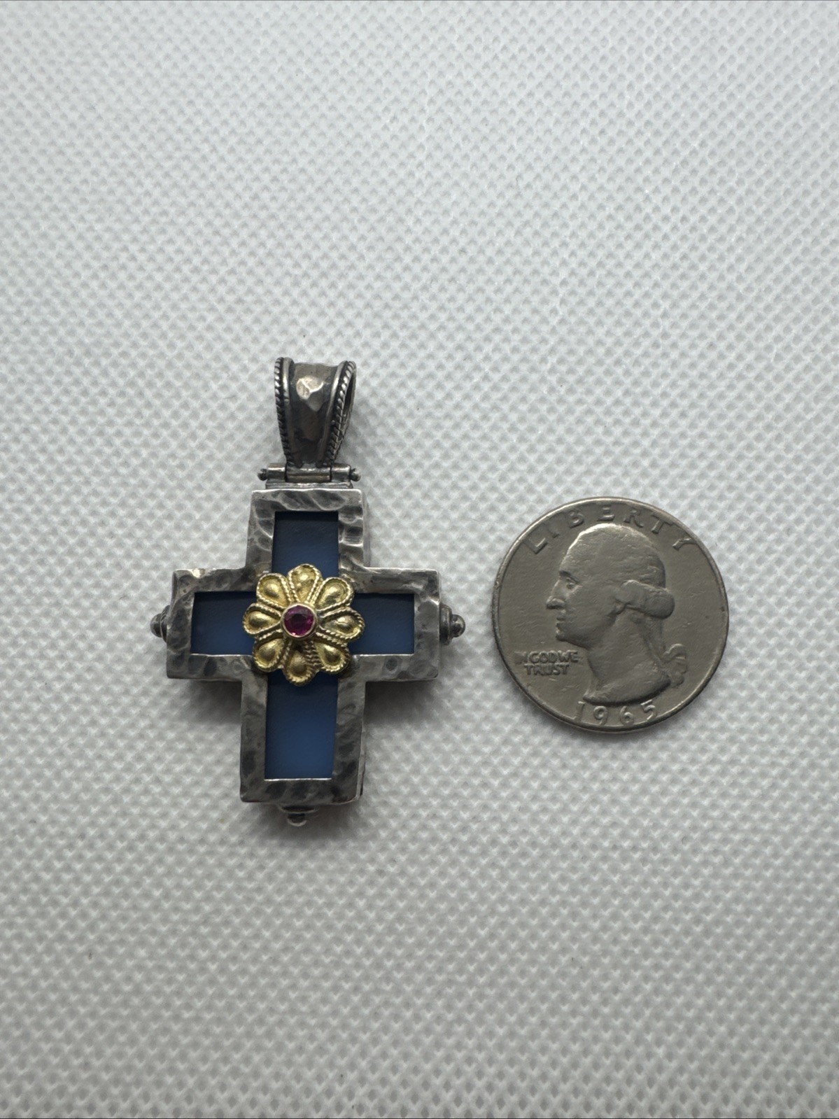 Cross Pendant Blue Glass Sterling Silver 18K Yellow Gold Red Ruby C17
