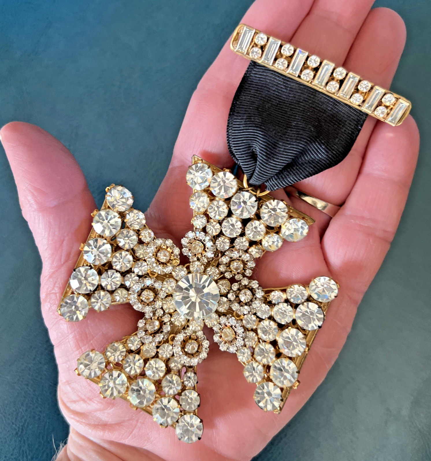 VTG. SIGNED MIRIAM HASKELL RHINESTONE MALTESE CROSS on RIBBON & CROSS BAR BROOCH