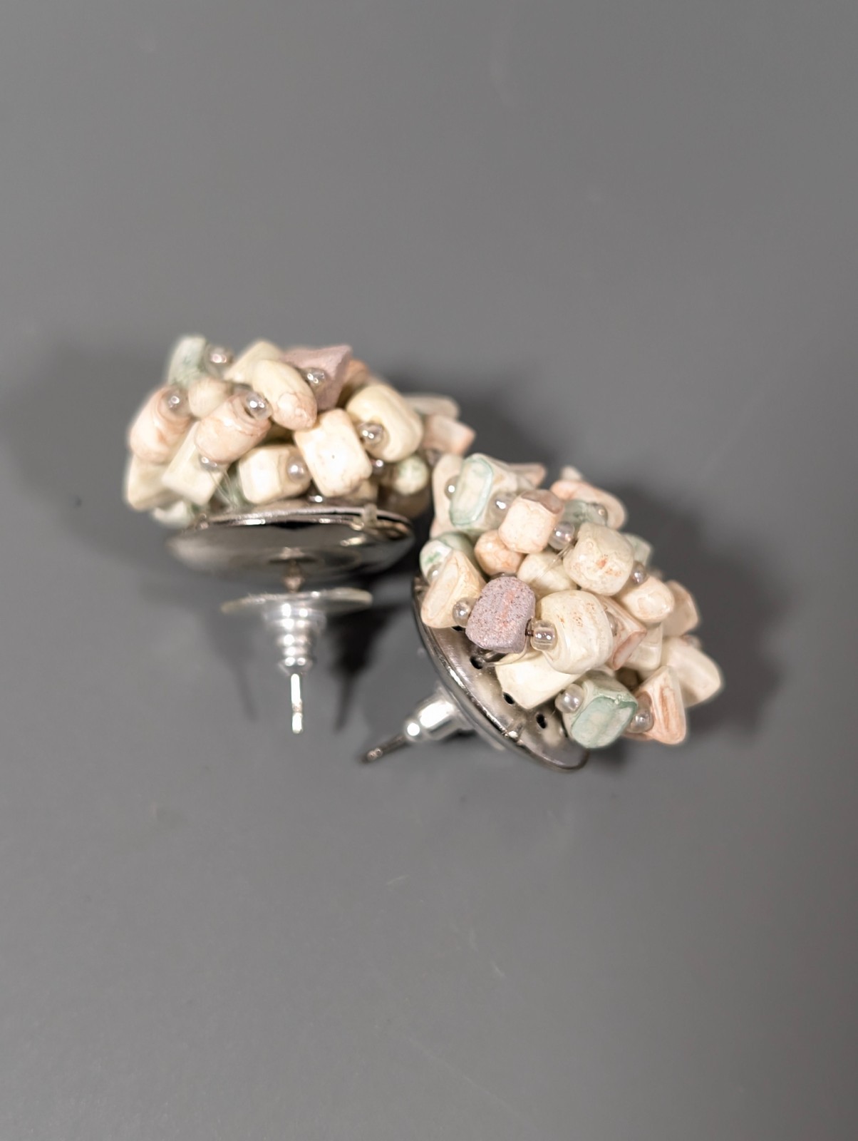 Vintage Pastel Faux Stone Beaded Cluster Round Earrings Pierced Acrylic