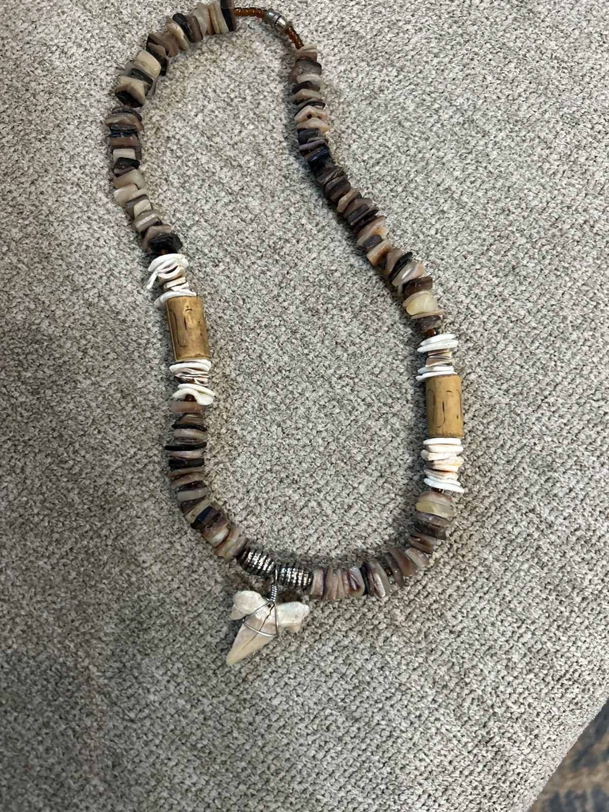 Vintage Shark Tooth Shell Wood Necklace Barrel Clasp 17-18” Surf Beach