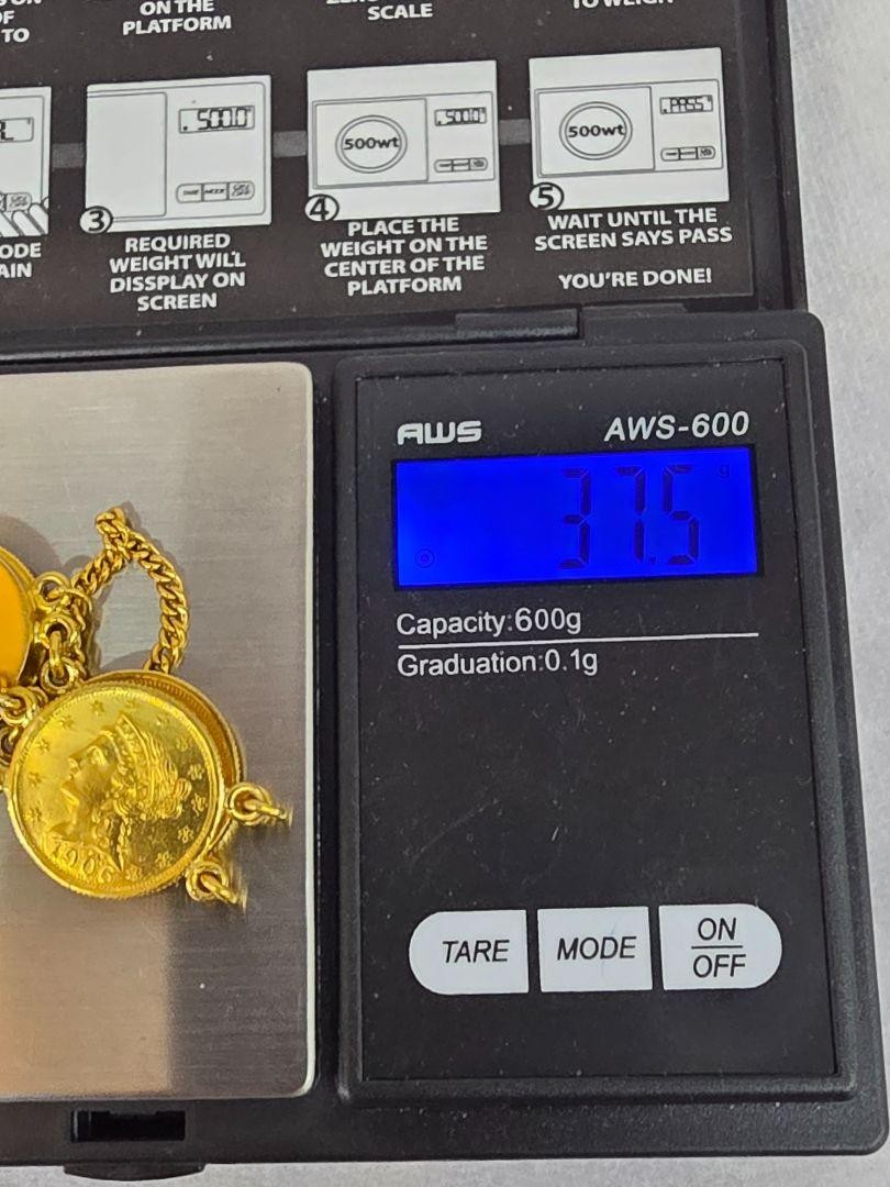 7 Coin 1906 Liberty Head Quarter Eagle 22k 2.50 Dollar Gold Chain Link Bracelet