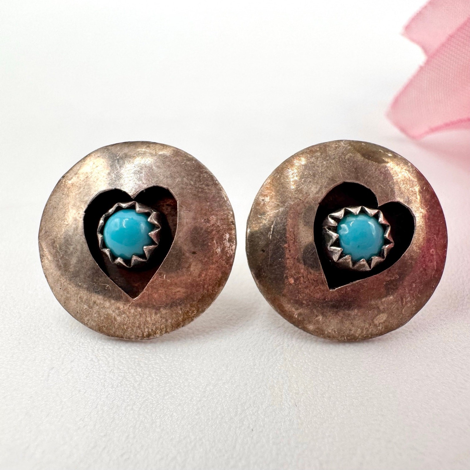 Southwestern Vintage Turquoise & Heart Silver Shadowbox Earrings Native Tribal