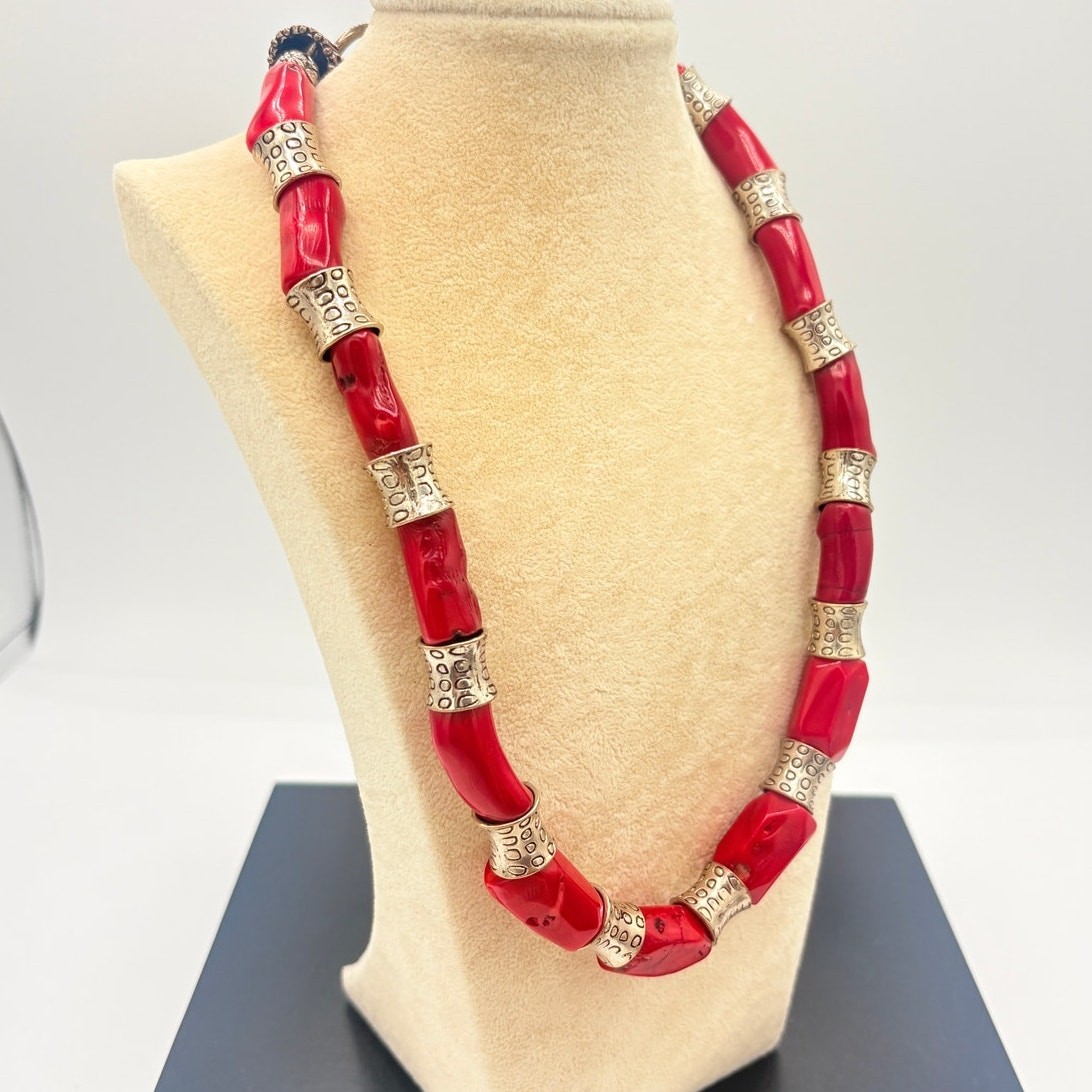 Genuine Coral Nugget Necklace with Silver‑Tone Artisan Spacers