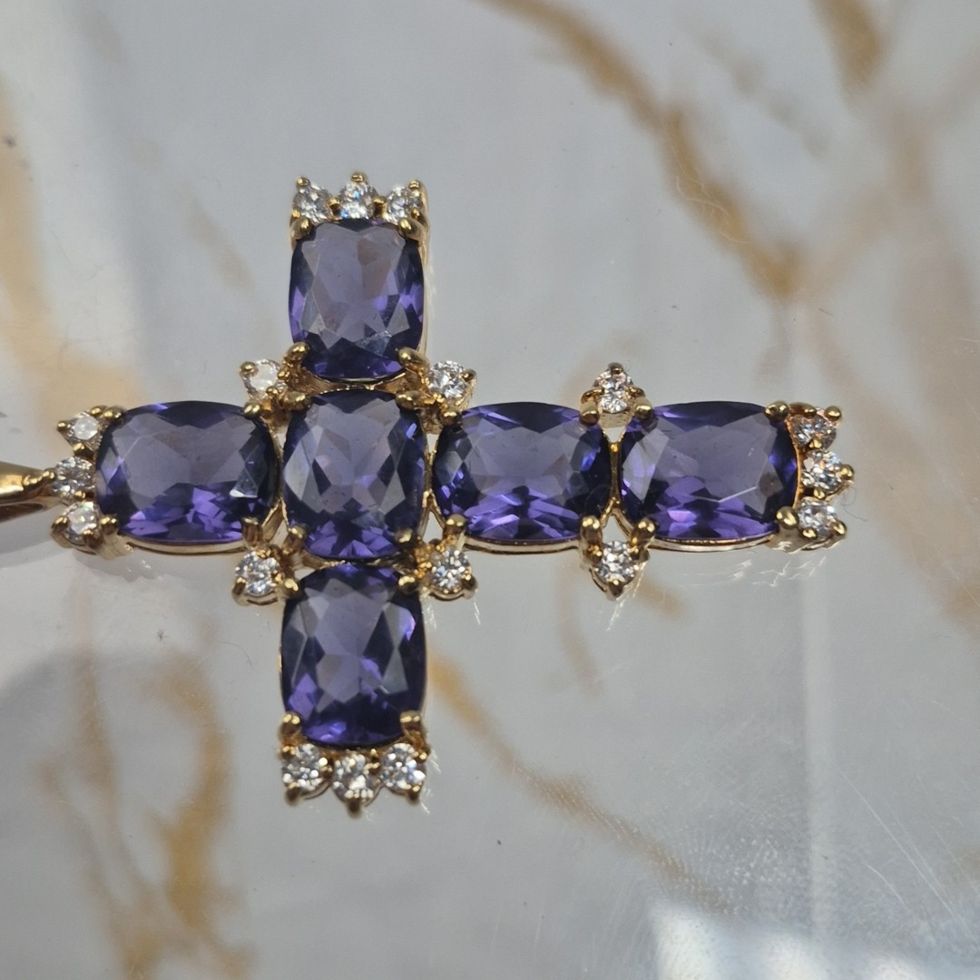 Vintage Sterling Silver 925 Gold Plated Cross Pendant Faceted Purple Stones Jtv