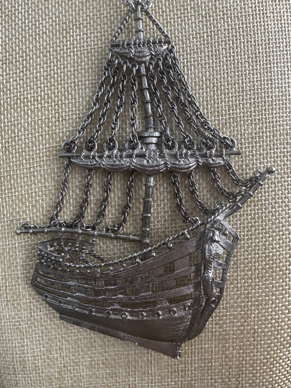 Vintage Sailing Ship Necklace Silver Tone Big Nautical Pendant Brutalist 60s 70s