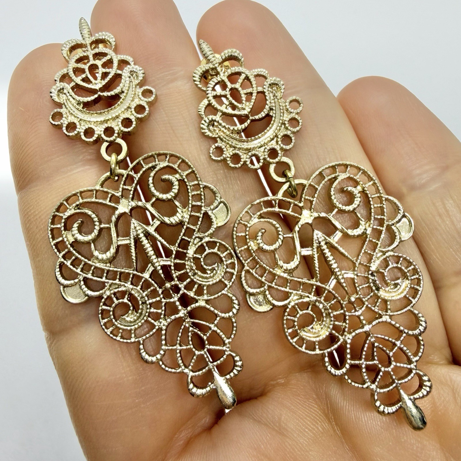 Vtg Large Victorian Revival Goldtone Drop Statement Earrings Post Dangle