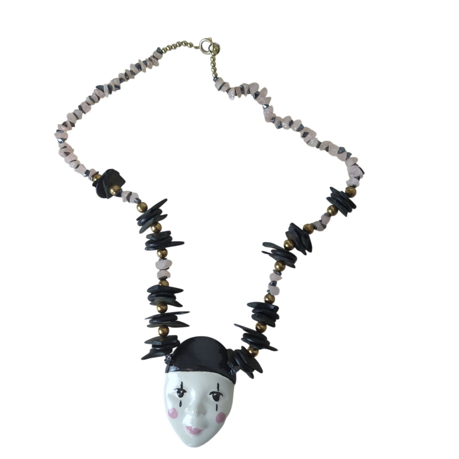Vintage Harlequin Face Ceramic Pendant Necklace Pink and black stone & wood 25″