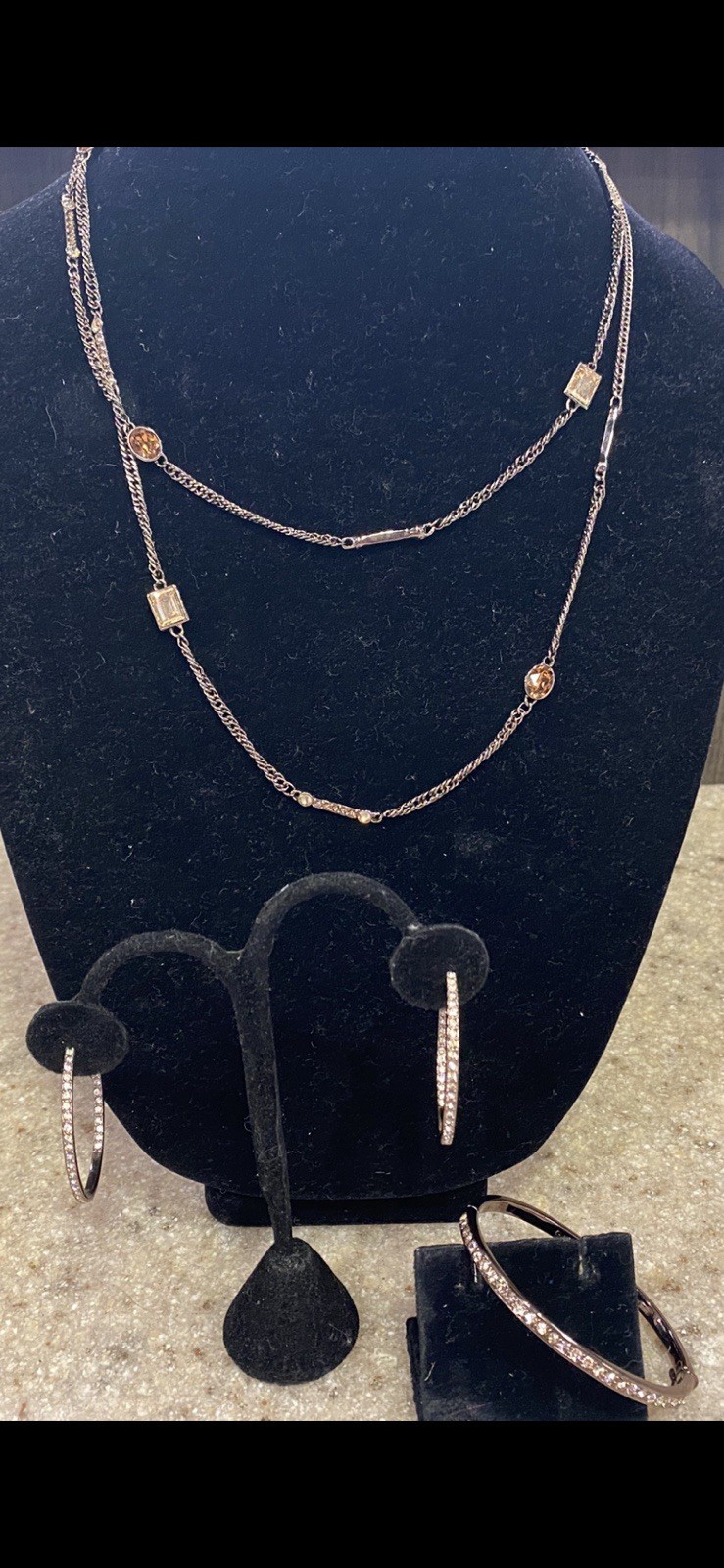 RARE Vtg GIVENCHY– Bronze Tone Crystal 42” Necklace/Hoop Earrings/Bracelet Set