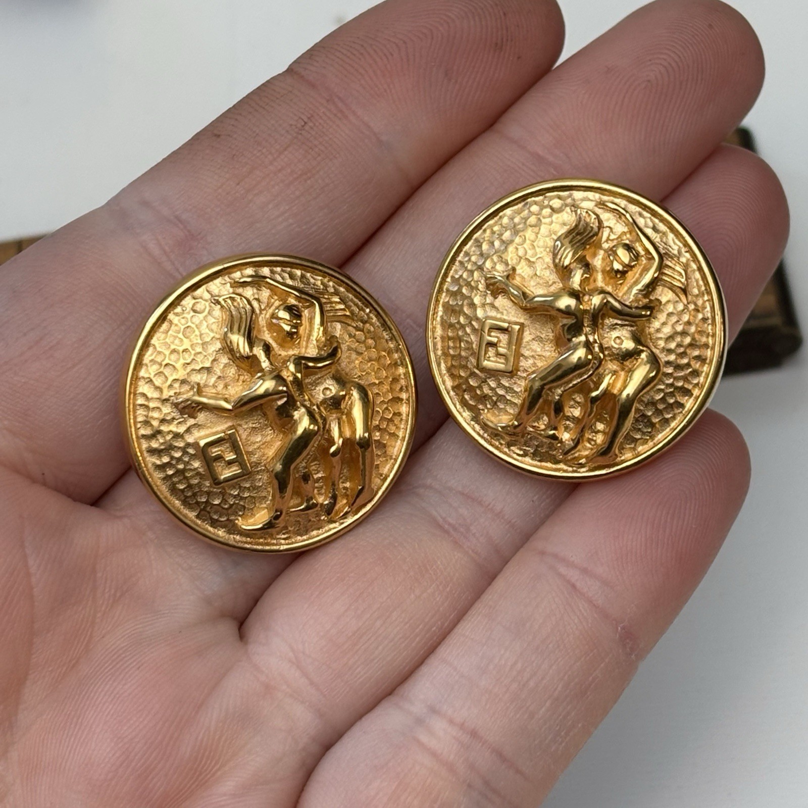 Fendi Vintage 1980s Zodiac GEMINI Circle Round Earrings Brushed Gold Tone Stud