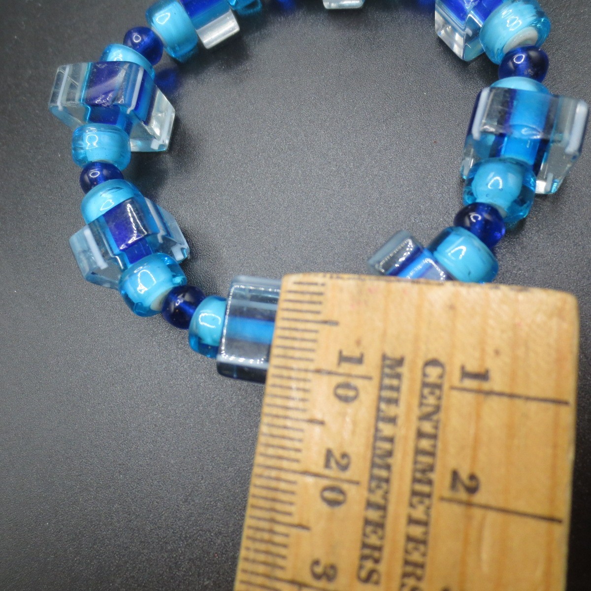 Vtg Striped Square & Small Round Blue Glass Beads Stretch Bracelet Boho
