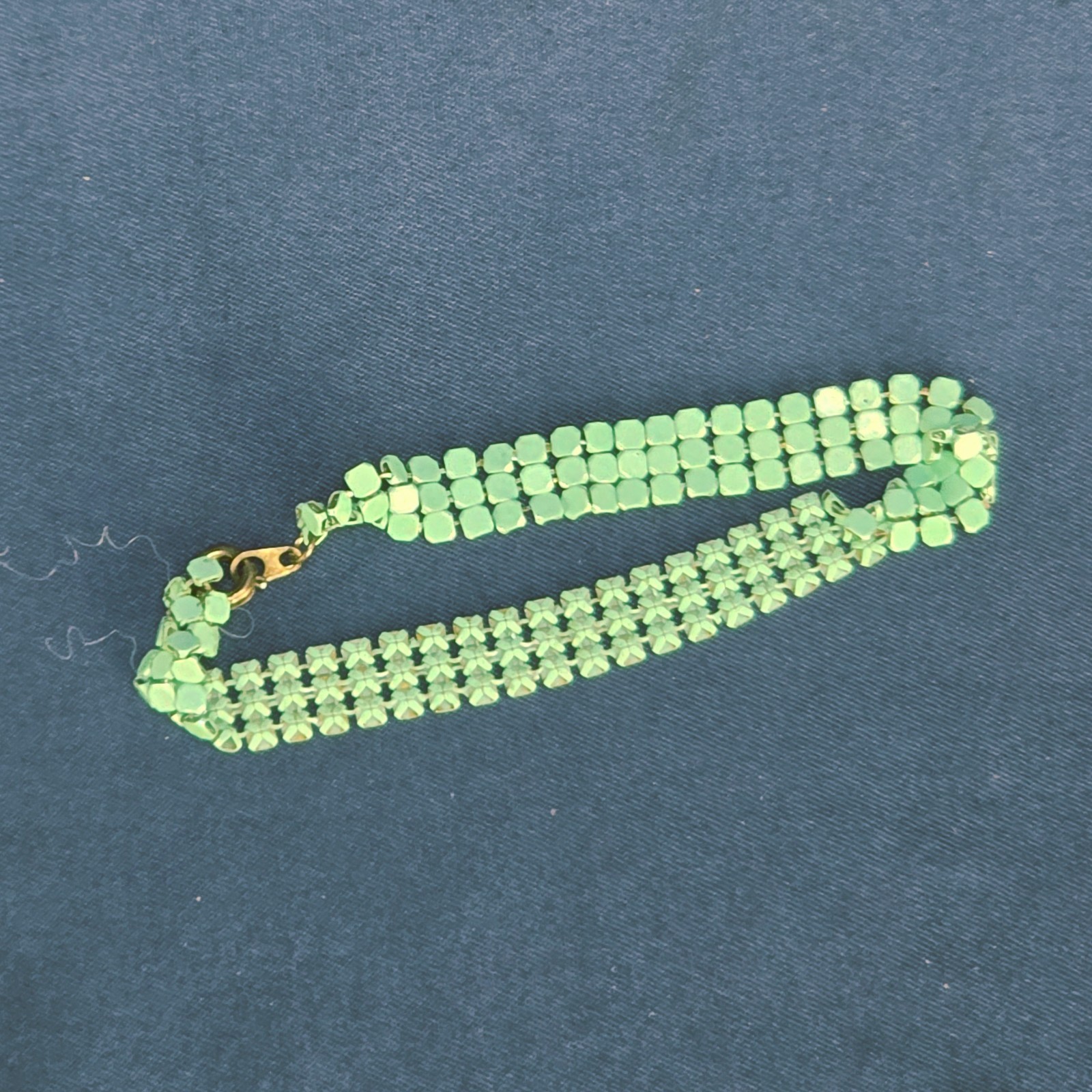 Blue Green Metal Mesh Bracelet Multi Strand Silver Clasp Vintage