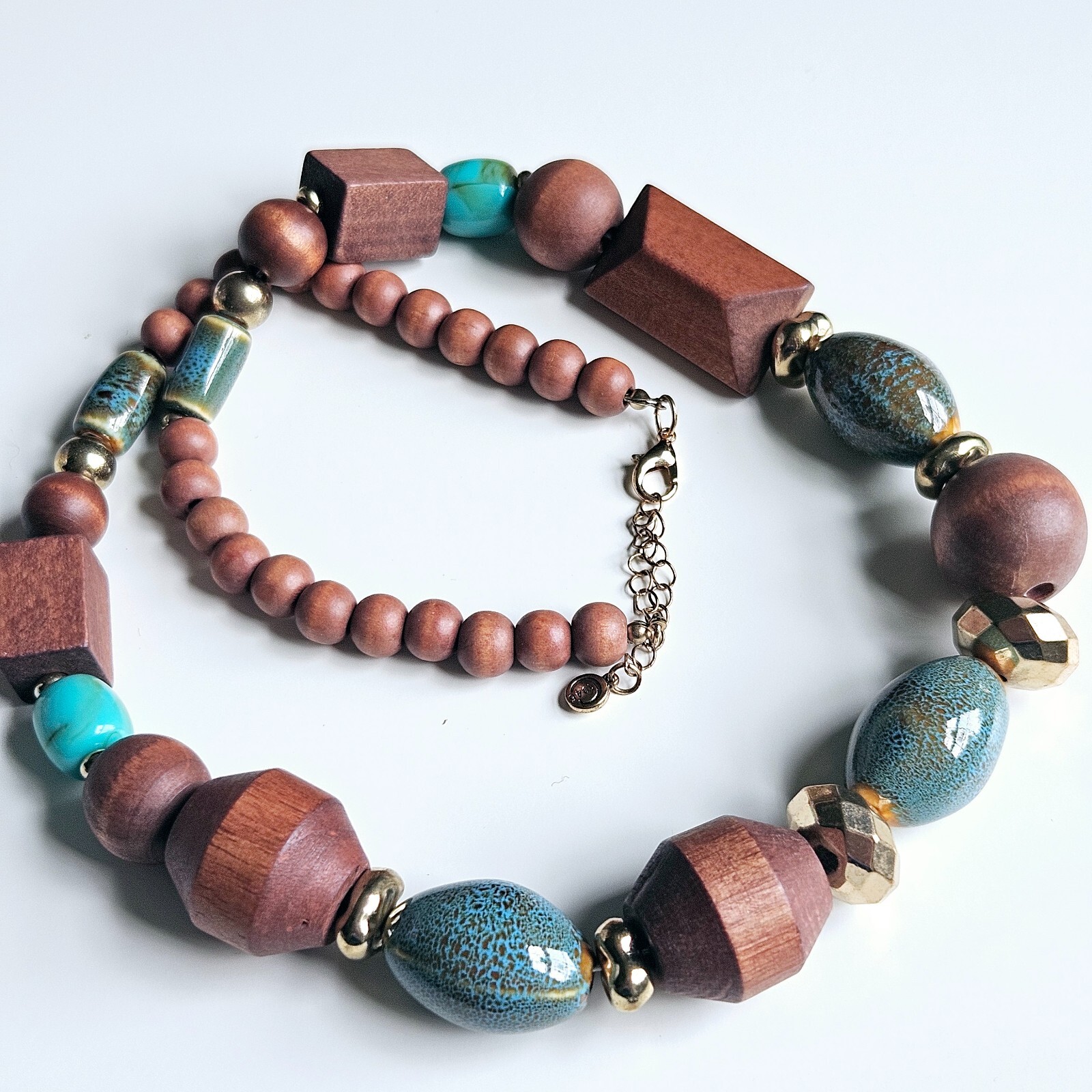 2 Necklaces Earrings Hand painted Ceramic Porcelain Geometric Wood Beads C1946
