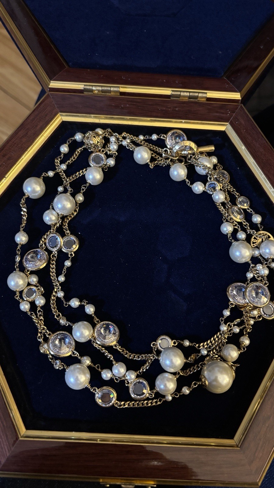 Vintage Signed Henri Bendel 2 Strand Faux Pearls Crystal Station Necklace 42”
