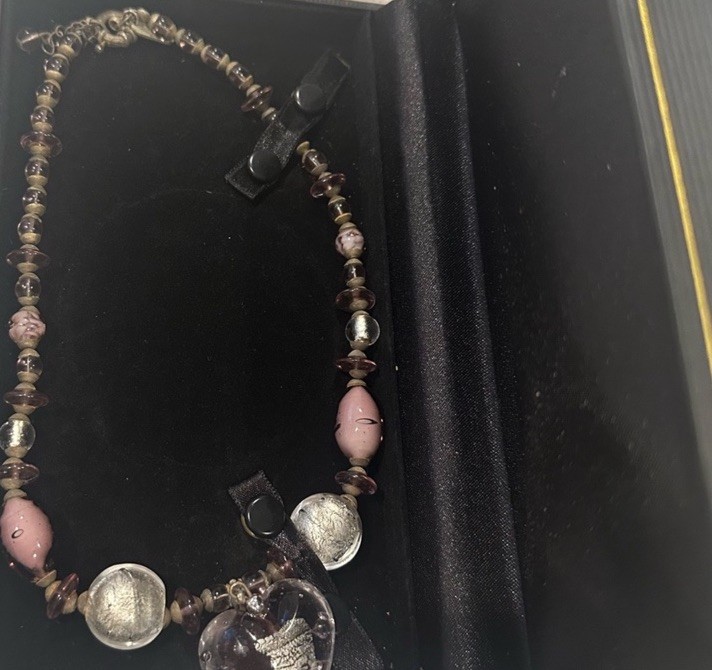 Vintage Hilary London Purple Puff Heart Glass Pendant & Beads Necklace