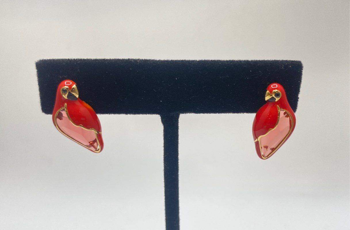 Kate Spade New York Red Enamel Parrot Stud Earrings Gold Tone Tropical NWT